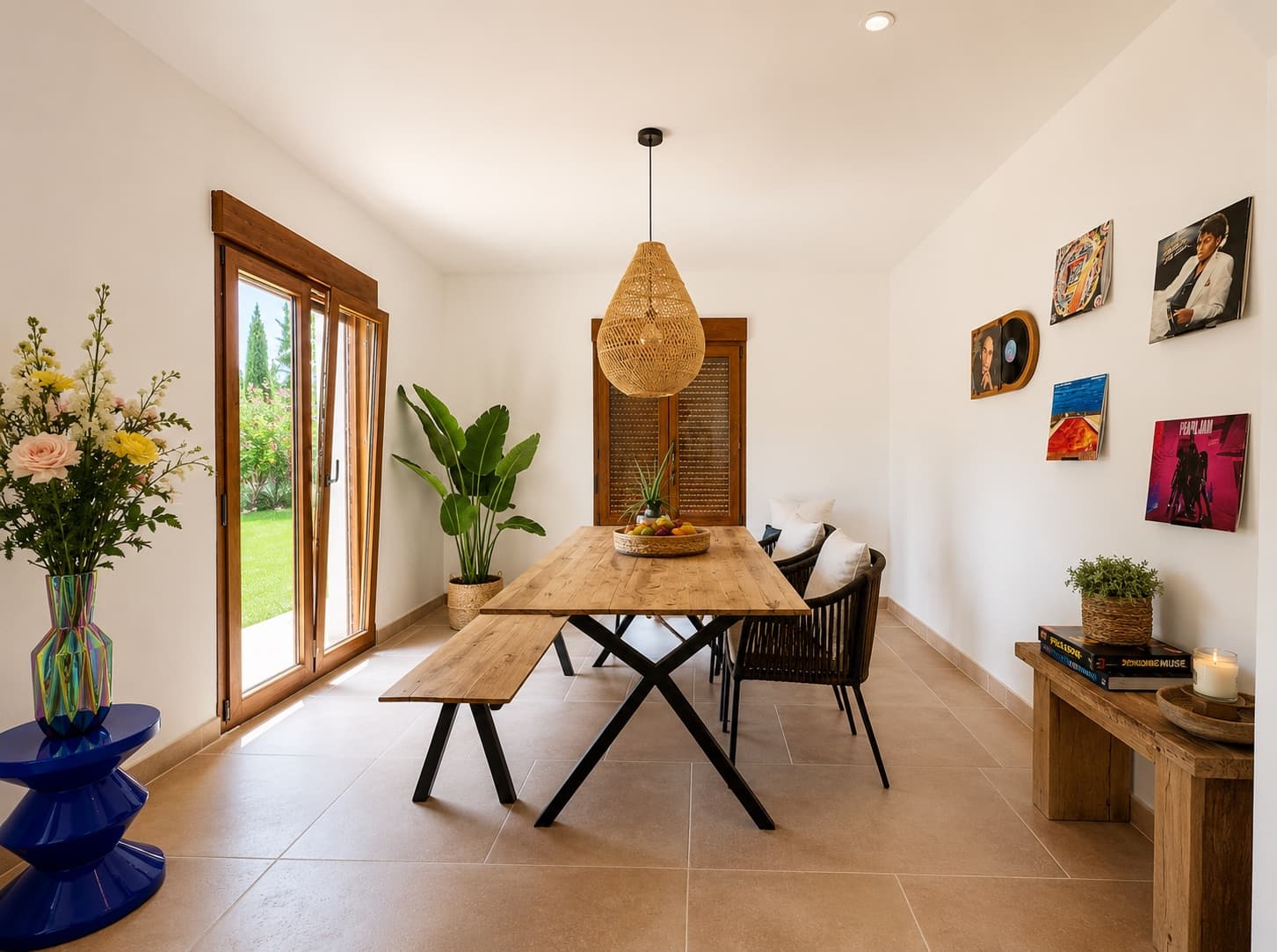 A long wooden dining table under a rattan lamp, where evenings stretch